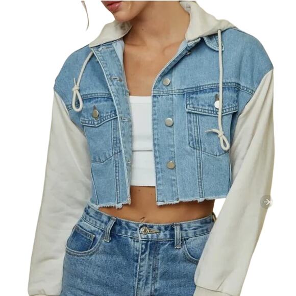 Blue Blush Detachable Hoodie Crop Contrast Cream Sleeves Denim Jacket Sz Small - Picture 3 of 10